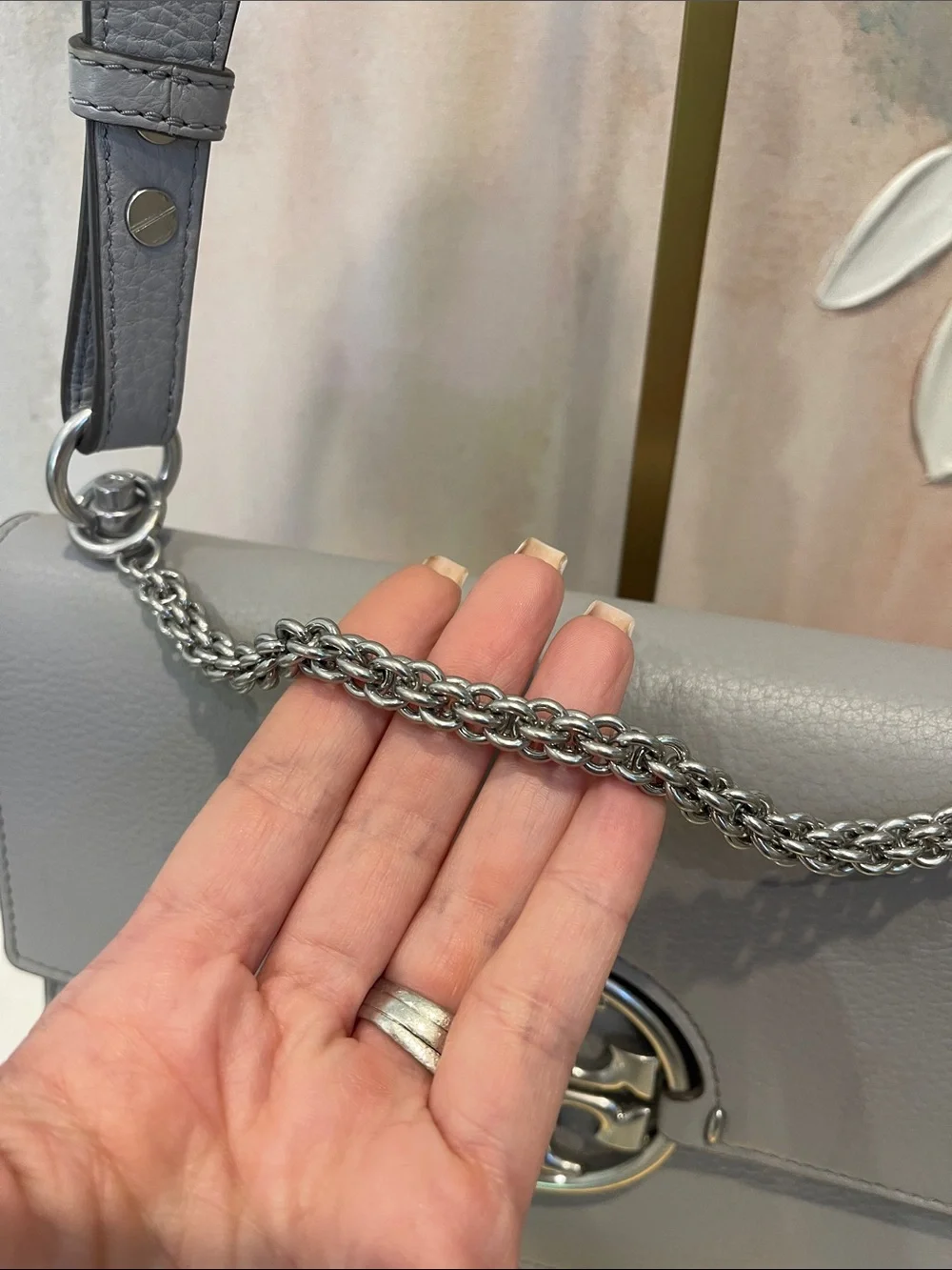 Tory Burch Miller Grey Leather Shoulder Bag with Chain